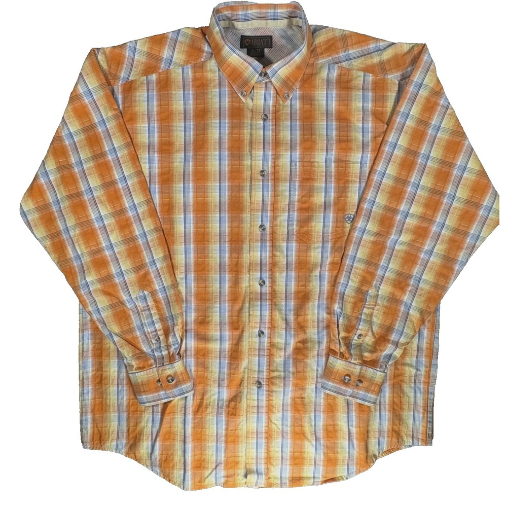 Ariat Men Shirt XL Long Sleeve Plaid Orange White Blue Western Vented Classic Ft